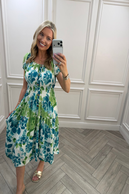 Green Ava Floral Shirred Midi Dress