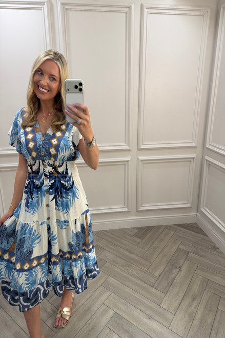 Blue Harper Shirred Midi Dress