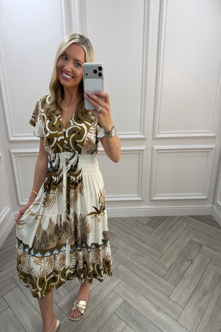 Brown Harper Shirred Midi Dress