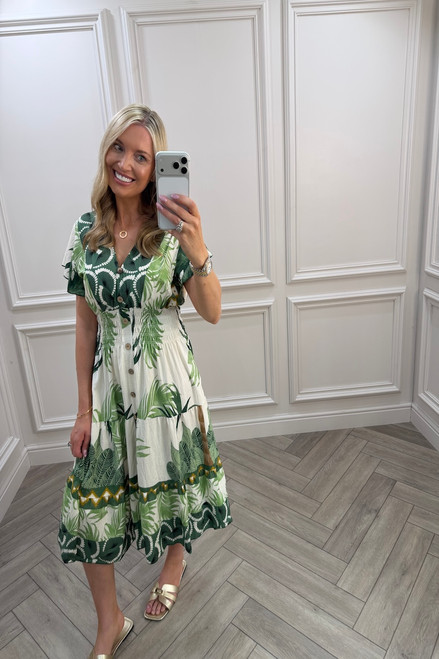 Green Harper Shirred Midi Dress