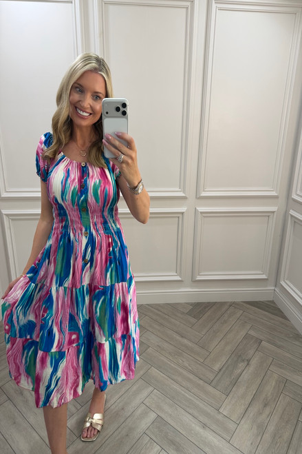 Pink & Blue Nova Shirred Midi Dress