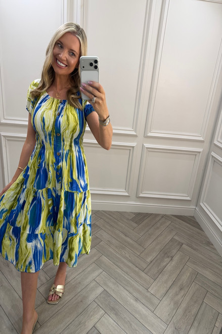 Lime & Royal Nova Shirred Midi Dress