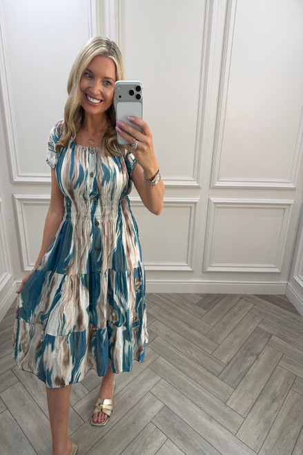 Teal & Tan Nova Shirred Midi Dress