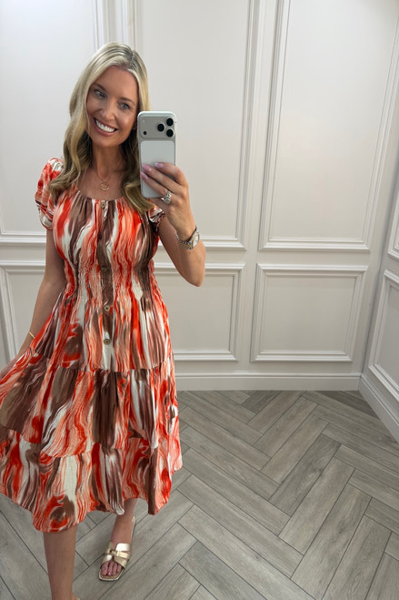 Brown & orange Nova Shirred Midi Dress