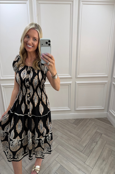 Black Gabriella Shirred Midi Dress