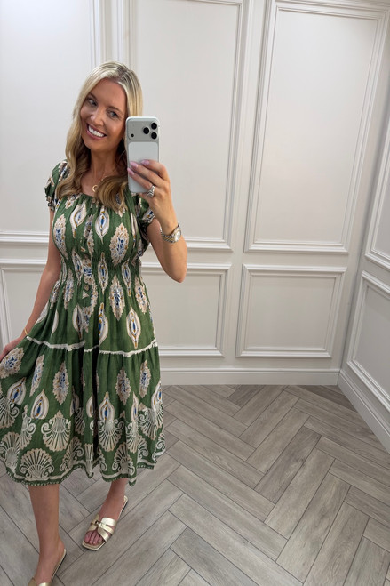 Green Gabriella Shirred Midi Dress