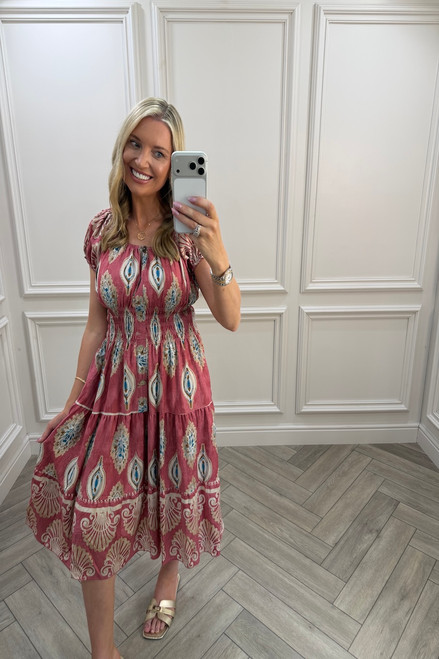 Dusky Pink  Gabriella Shirred Midi Dress
