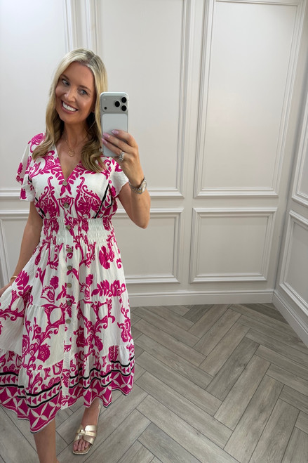 Pink Eliza Shirred Midi Dress