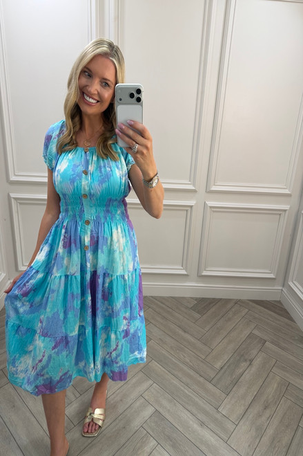 Blue & Purple Bexley Shirred Midi Dress
