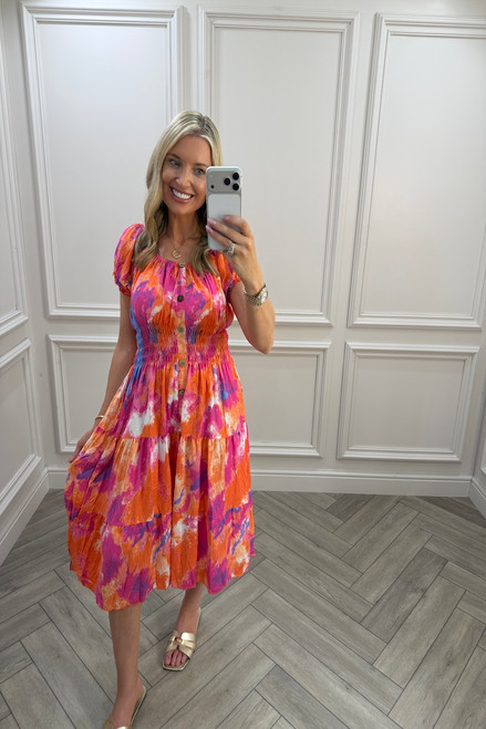 Orange & Pink  Bexley Shirred Midi Dress