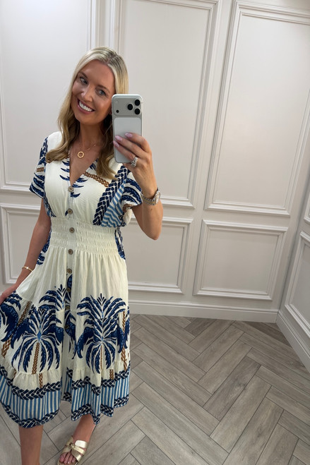 Navy Zinnia Shirred Midi Dress