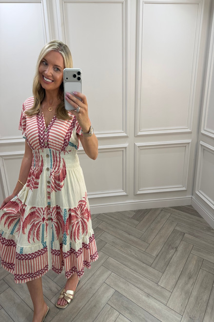 Pink  Zinnia Shirred Midi Dress