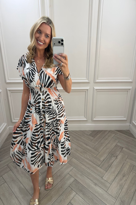 Peach & Black Penelope Shirred Midi Dress