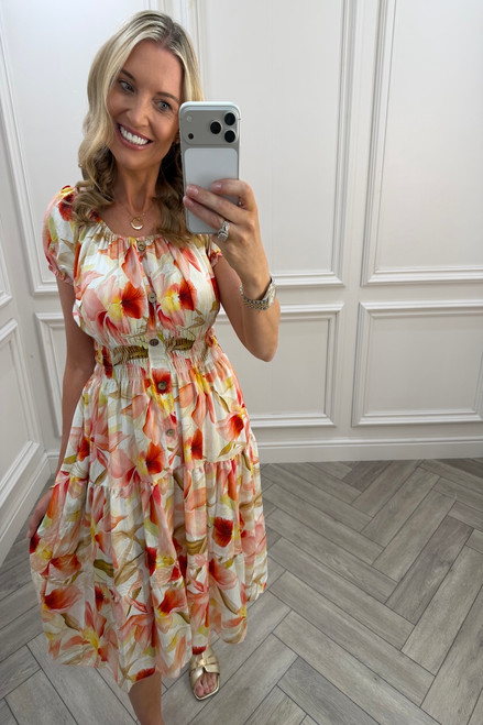 Peach  Parker Floral Shirred Midi Dress