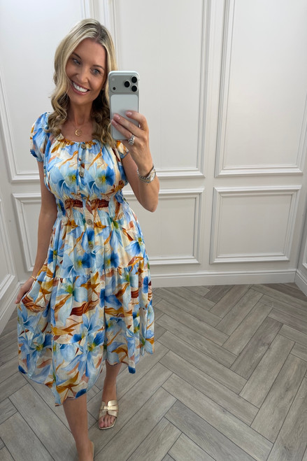 Blue Parker Floral Shirred Midi Dress