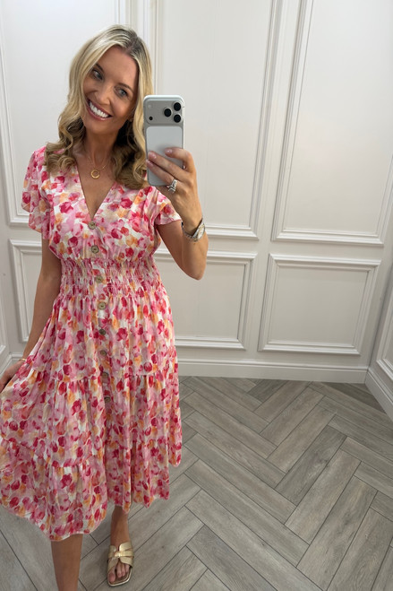 Pink Maddison Shirred Midi Dress