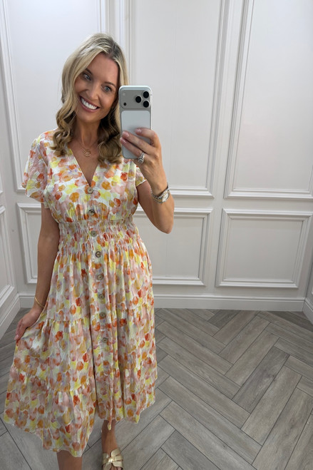 Yellow Maddison Shirred Midi Dress