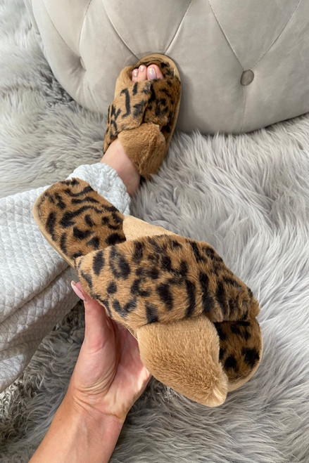 Leopard Kensington Fluffy Sliders With Elasticated Heel Strap