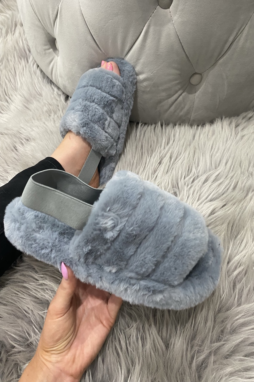 Grey Fluffy Sliders with Elasticated 