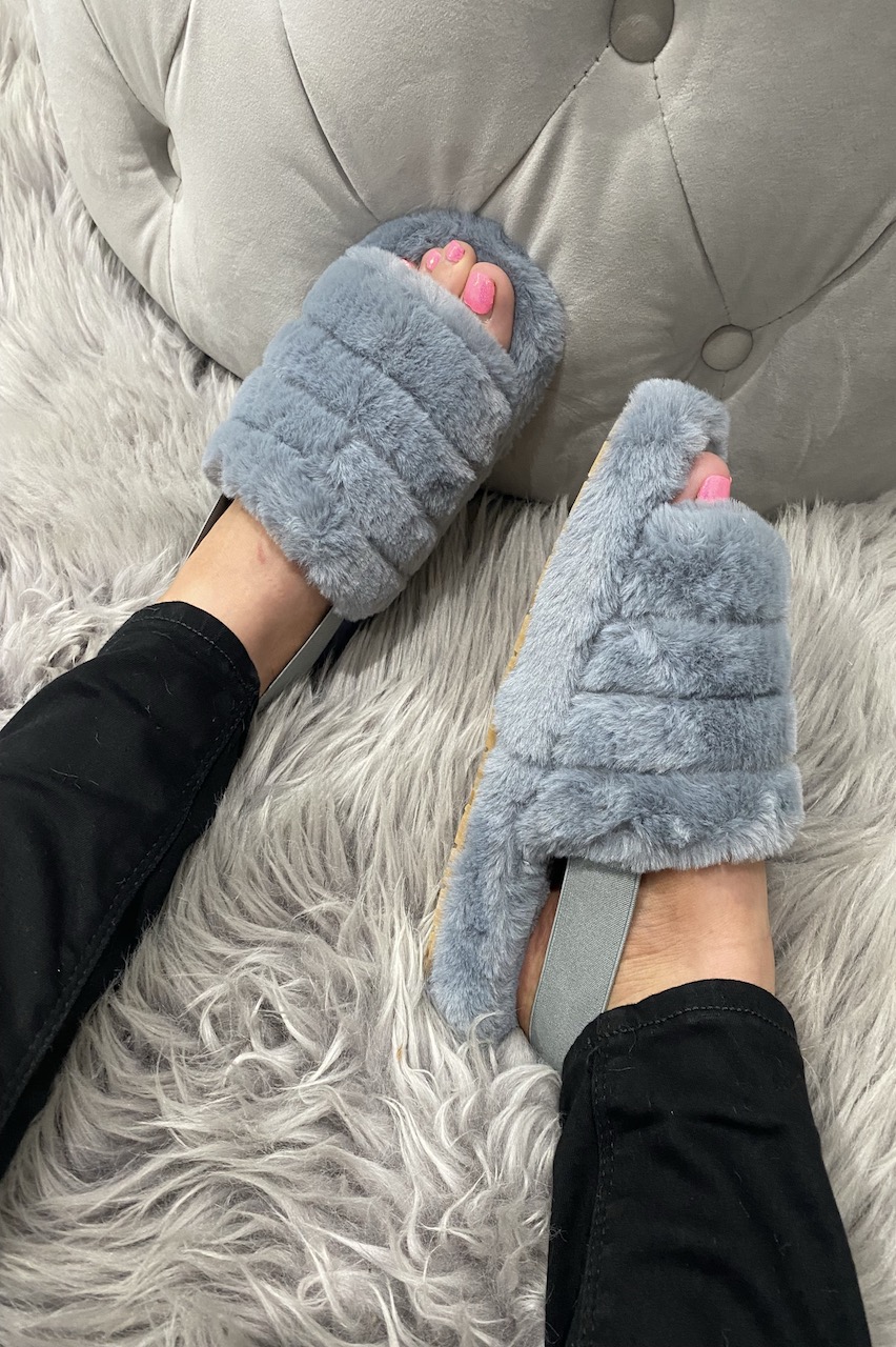 grey fluffy slider slippers