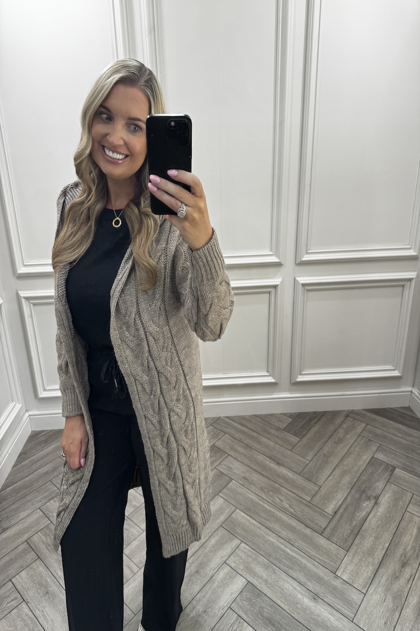 Taupe Snuggles Twisted Knit Hooded Cardigan