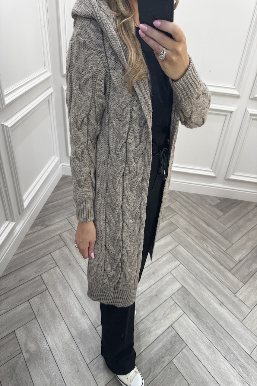 Taupe Snuggles Twisted Knit Hooded Cardigan