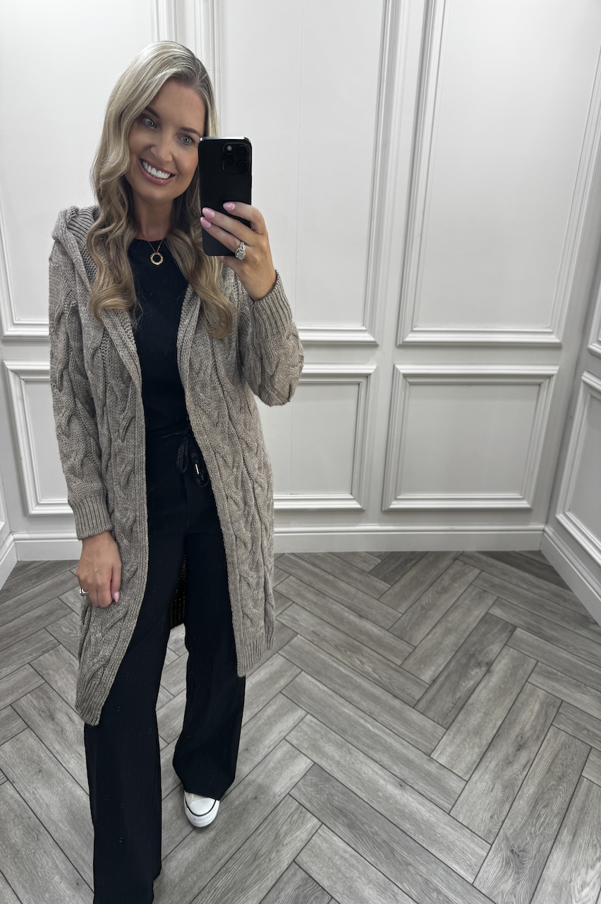 Taupe Snuggles Twisted Knit Hooded Cardigan