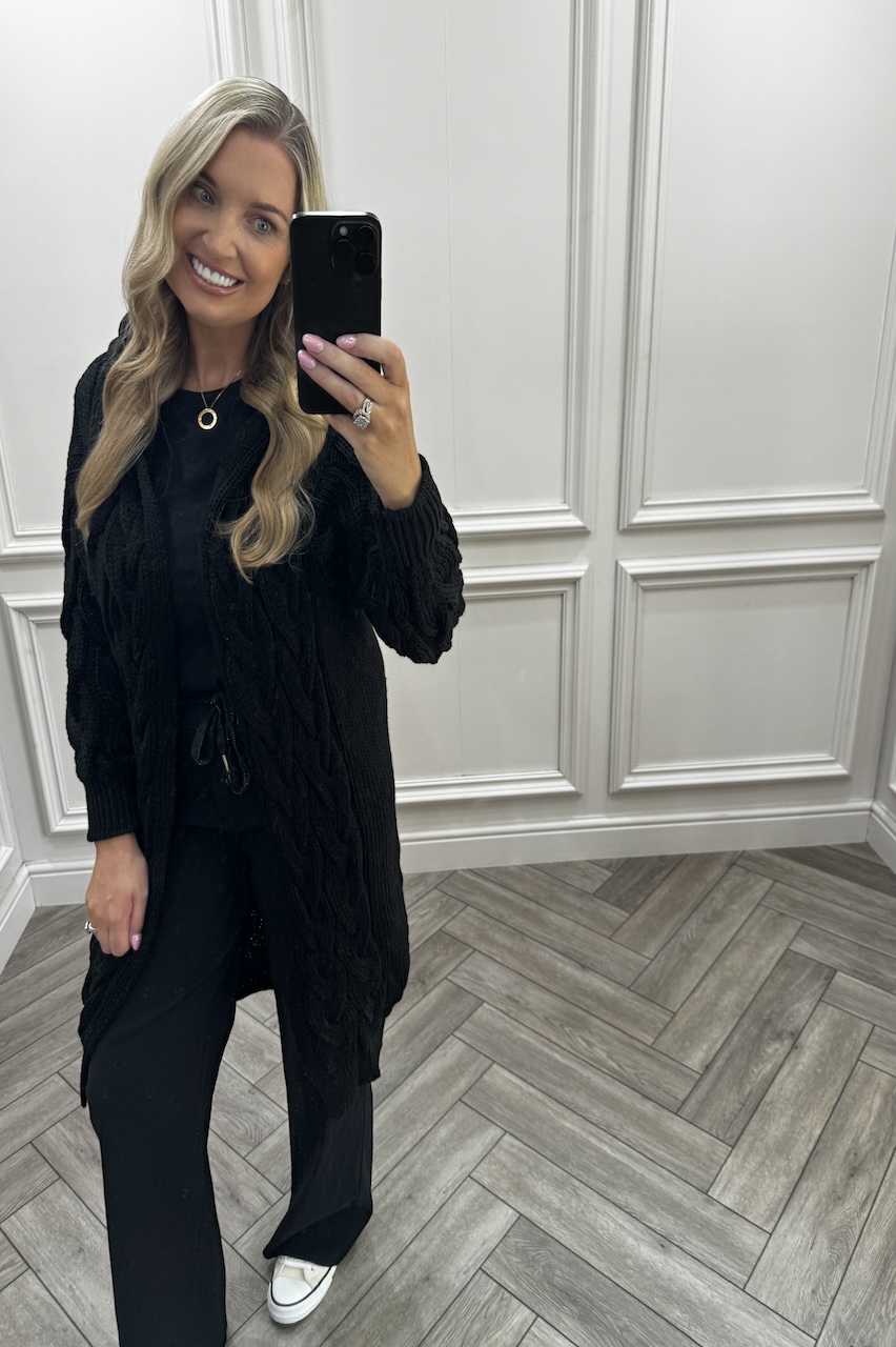 Black Snuggles Twisted Knit Hooded Cardigan