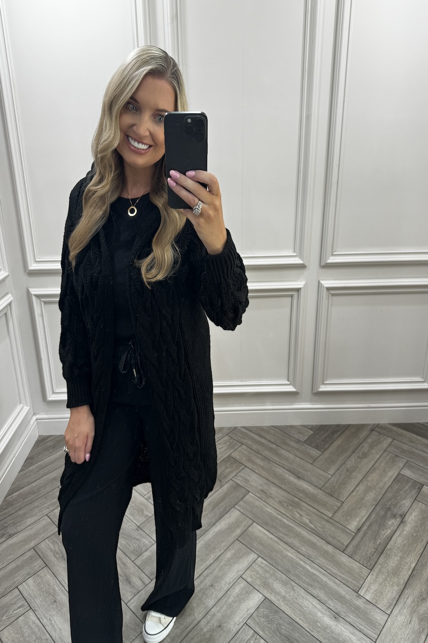 Black Snuggles Twisted Knit Hooded Cardigan