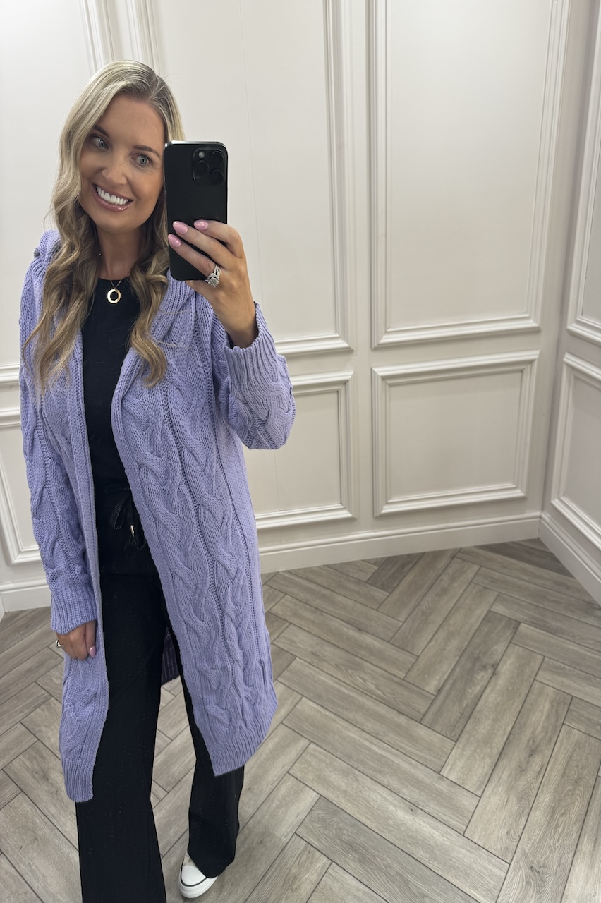 Lilac Snuggles Twisted Knit Hooded Cardigan