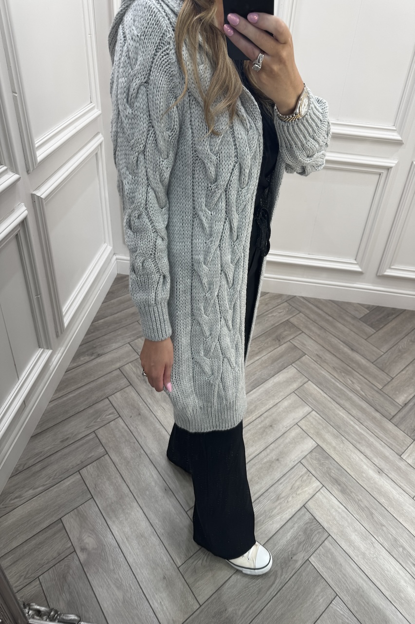 Grey Snuggles Twisted Knit Hooded Cardigan