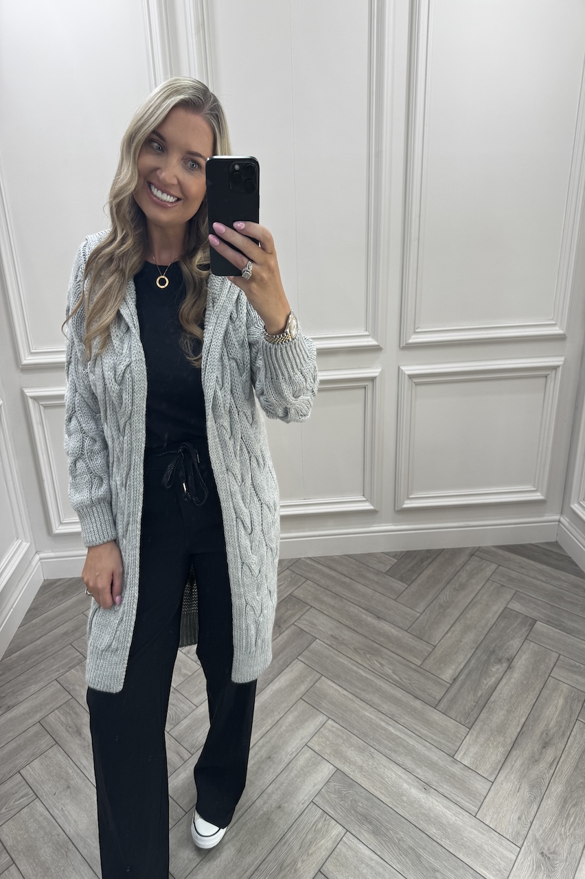 Grey Snuggles Twisted Knit Hooded Cardigan