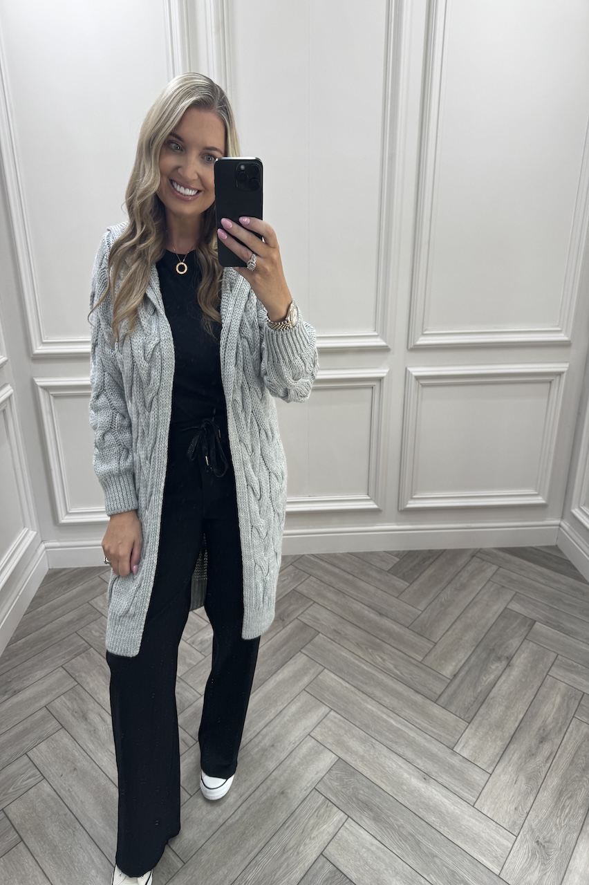 Grey Snuggles Twisted Knit Hooded Cardigan