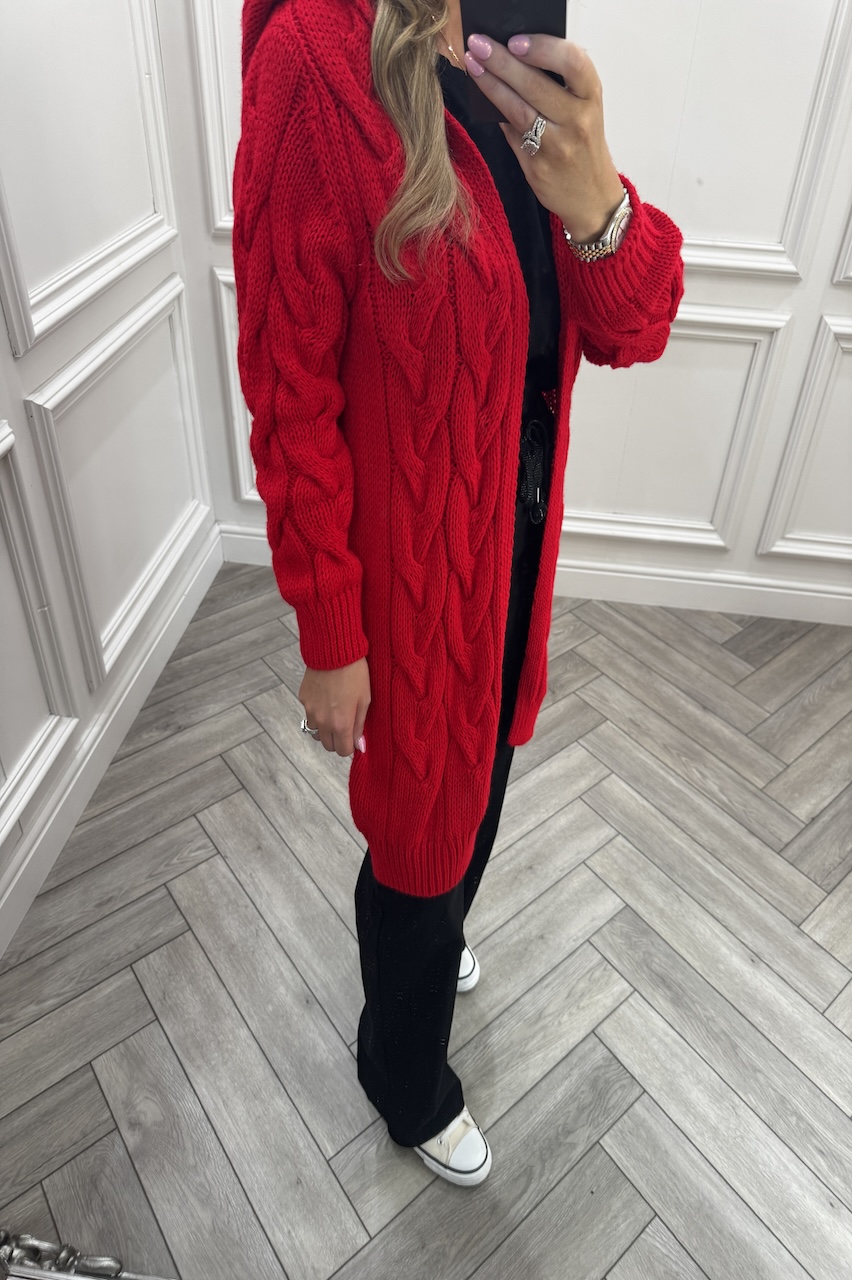 Red Snuggles Twisted Knit Hooded Cardigan