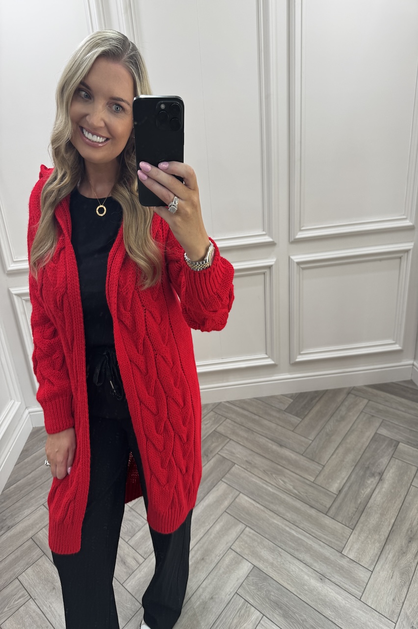 Red Snuggles Twisted Knit Hooded Cardigan