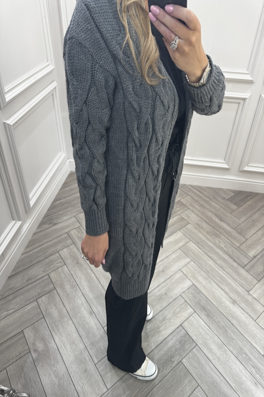 Charcoal Snuggles Twisted Knit Hooded Cardigan
