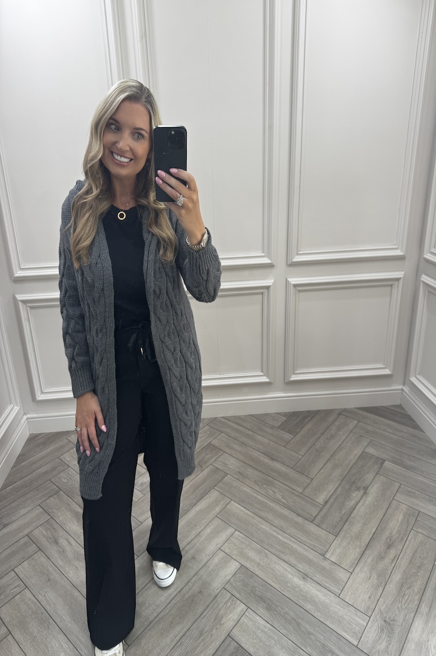 Charcoal Snuggles Twisted Knit Hooded Cardigan