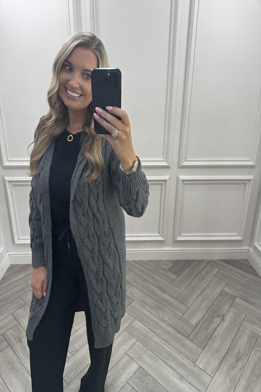 Charcoal Snuggles Twisted Knit Hooded Cardigan