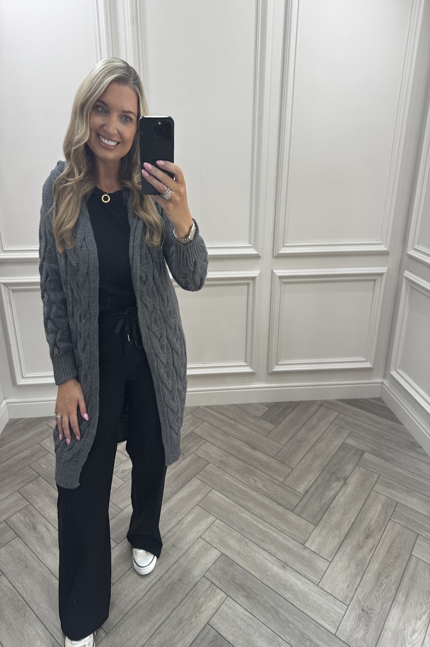Charcoal Snuggles Twisted Knit Hooded Cardigan