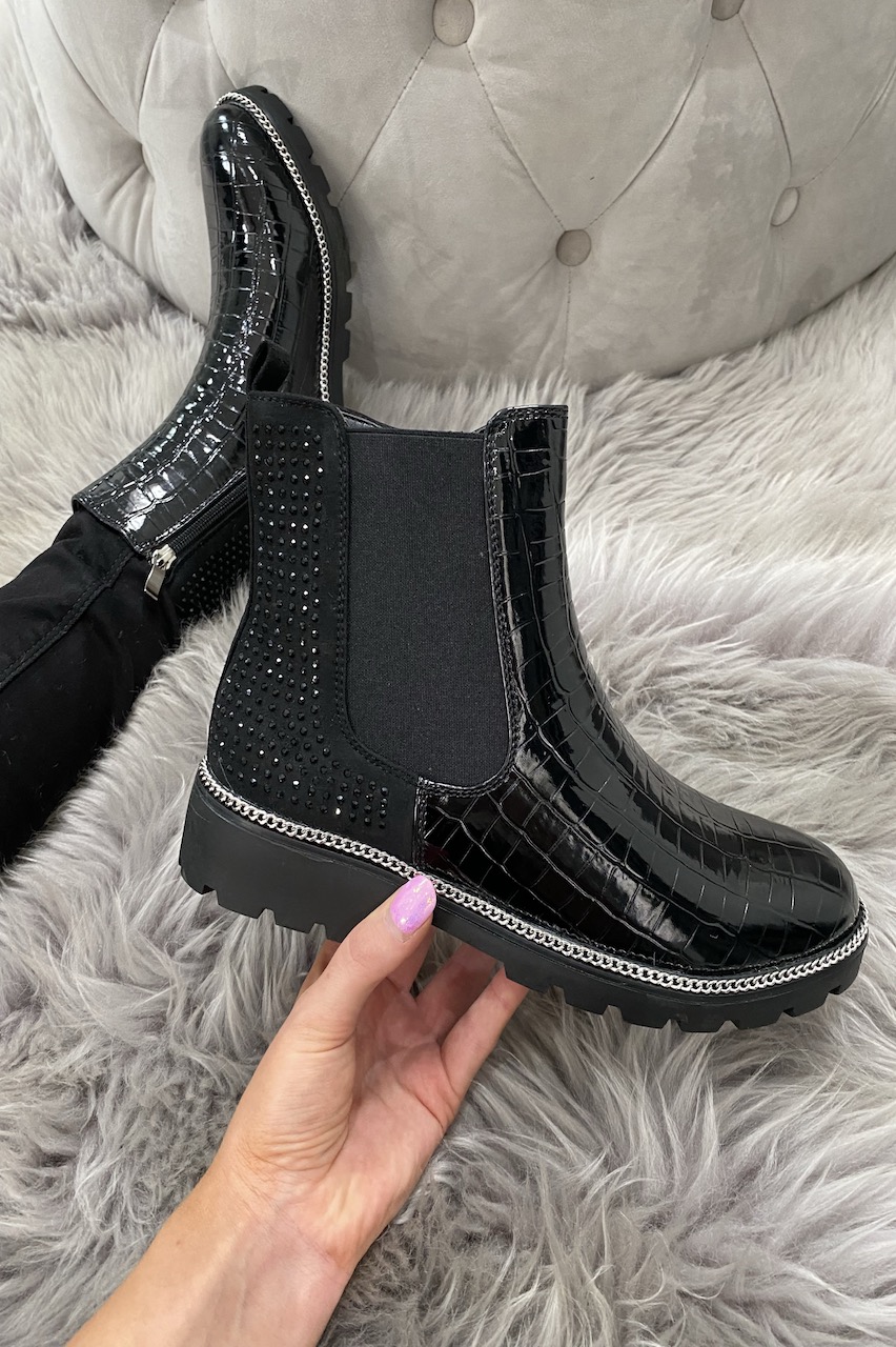 black studded patent croc print chelsea boots