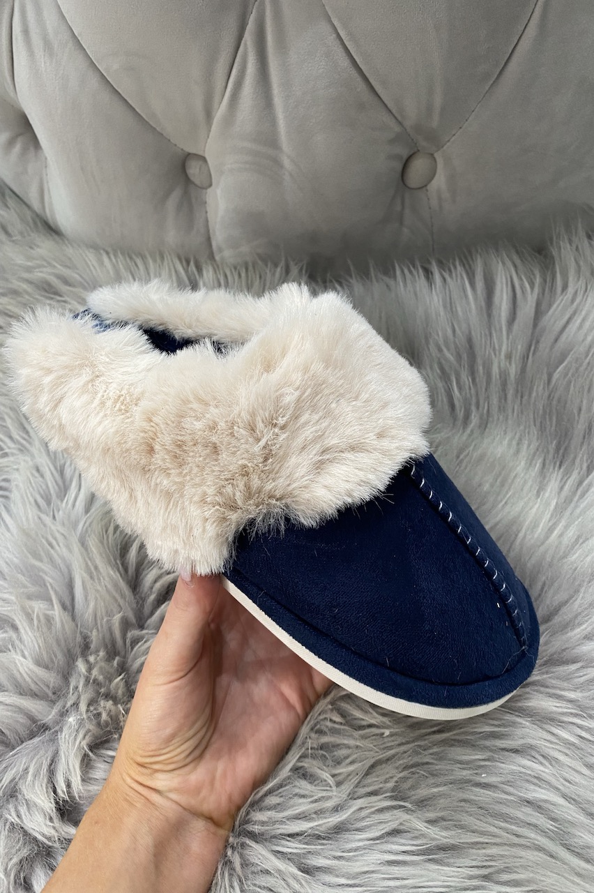 navy fluffy slippers