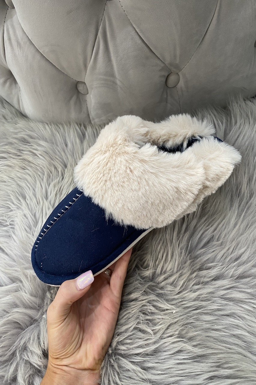 navy fluffy slippers