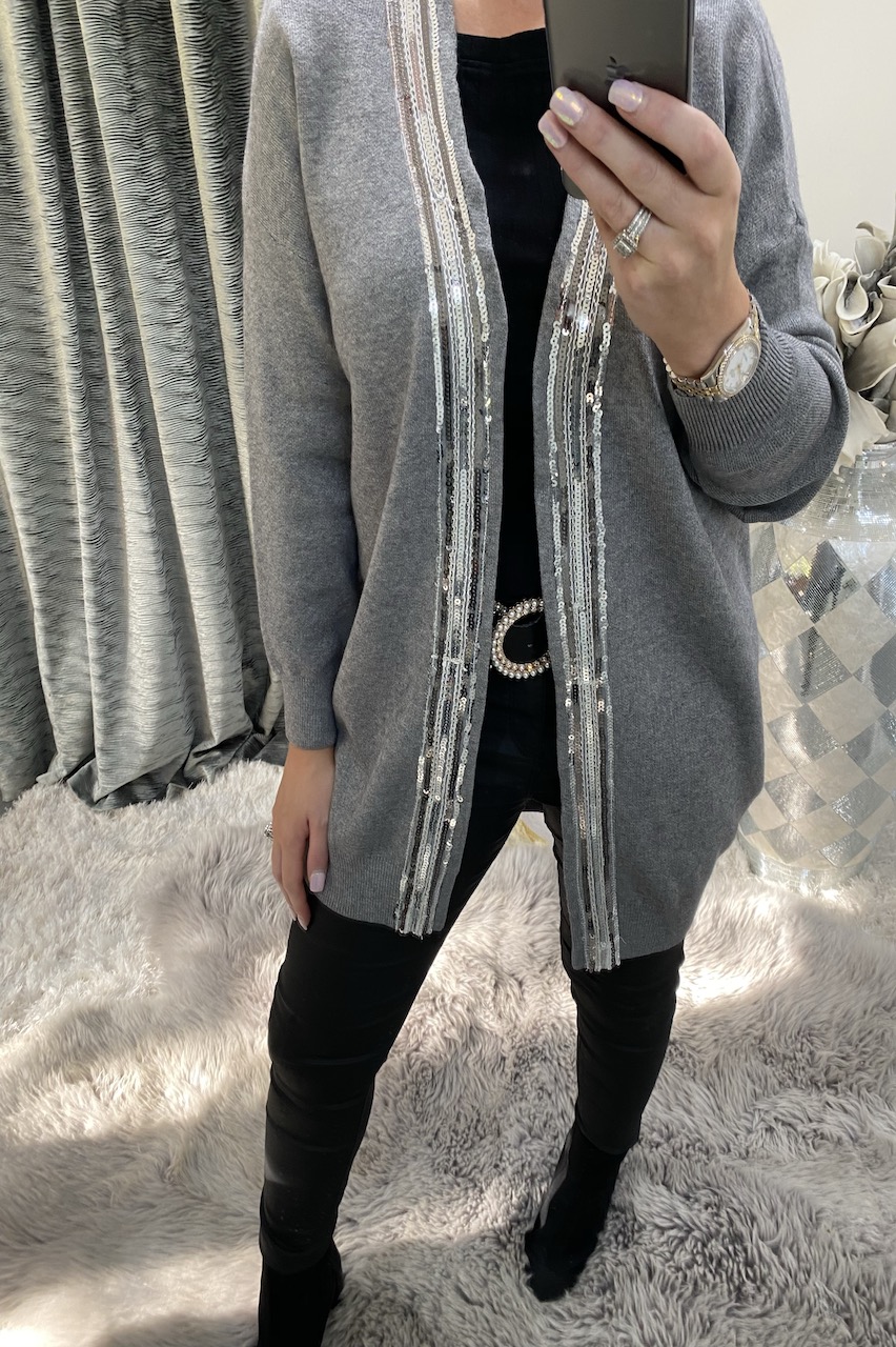 Luxury Lecia Grey Cardigan With Sequin Detail