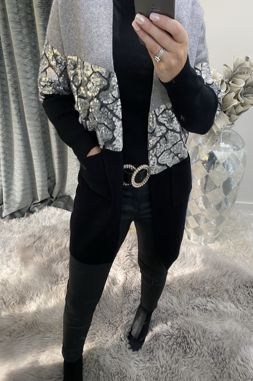 grey sequin cardigan