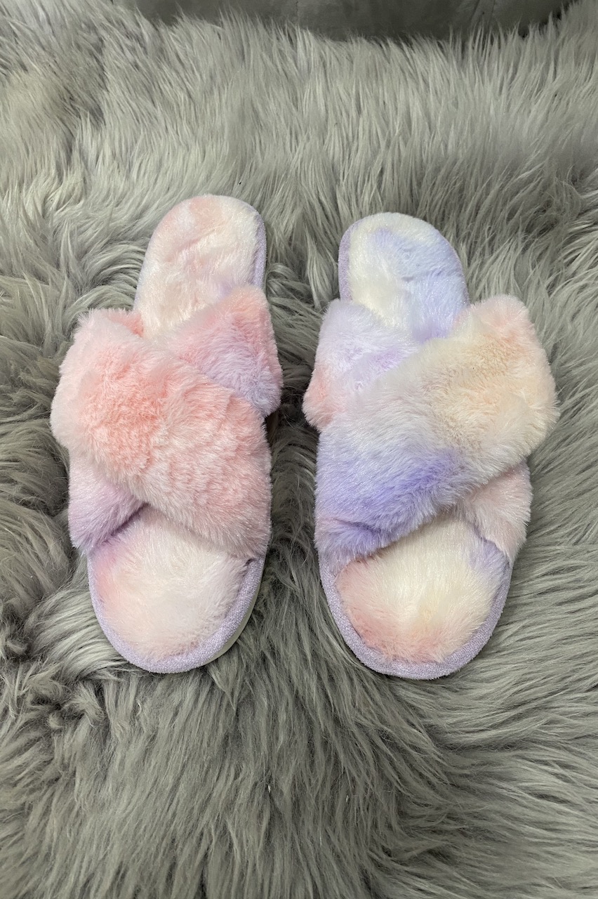 Lilac Ombre Cross Strap Fluffy Slippers