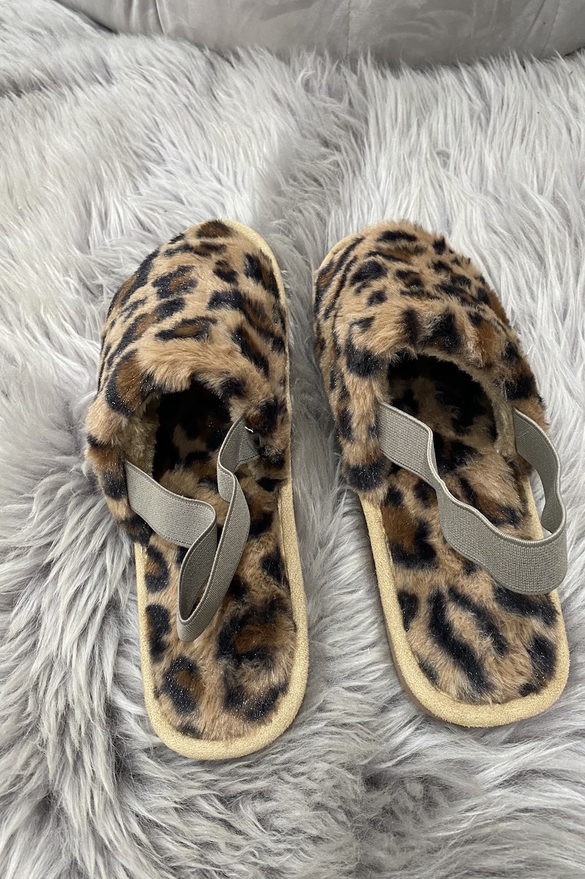 Leopard Kensington  Fluffy Sliders With Elasticated Heel Strap