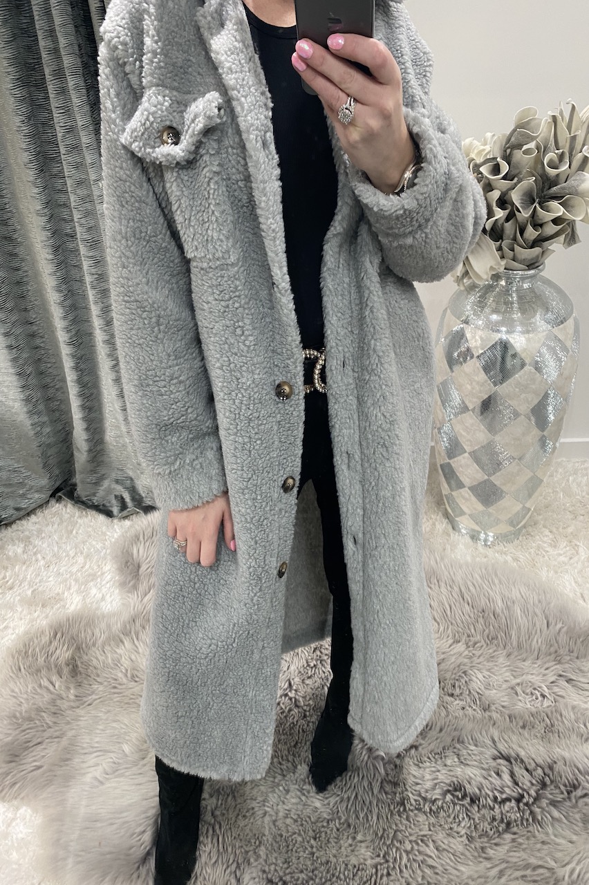 Grey long teddy coat Outlet