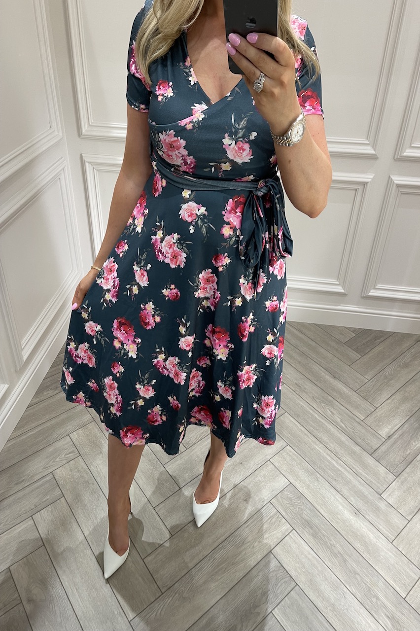 Francesca Dark Grey Floral Skater Dress