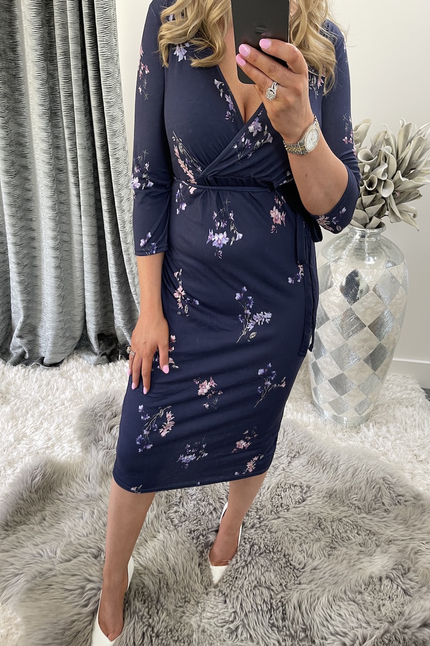  Cynthia Navy Wrap Over Floral Belted Midi Dress