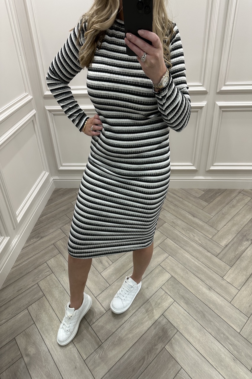 Grey Stripe Ribbed Long Sleeve Midi Dress 